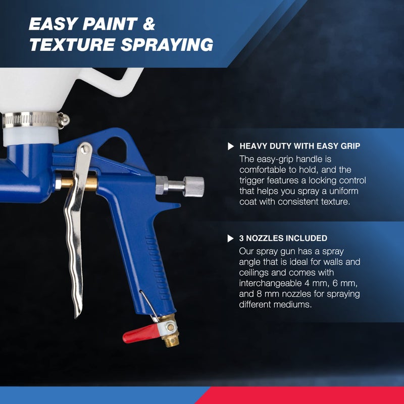 HILTEX 31229 Air Texture Gun with 1.32 Gallon Hopper, 3 Nozzles: 4.0mm, 6.0mm, 8.0mm, Drywall Texture Sprayer for Stucco Mud or Popcorn on Walls and Ceiling, Knockdown, Spray Gun with Handle - Image 3